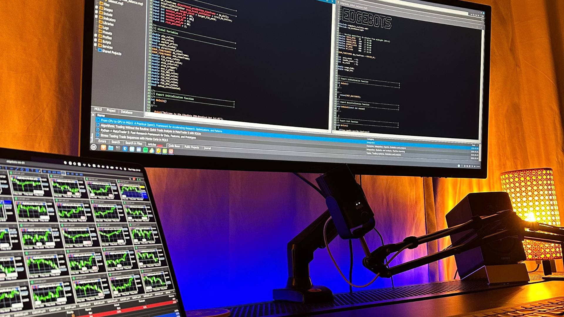 The EdgeBots trading desk: MT5 and MetaEditor running the bots